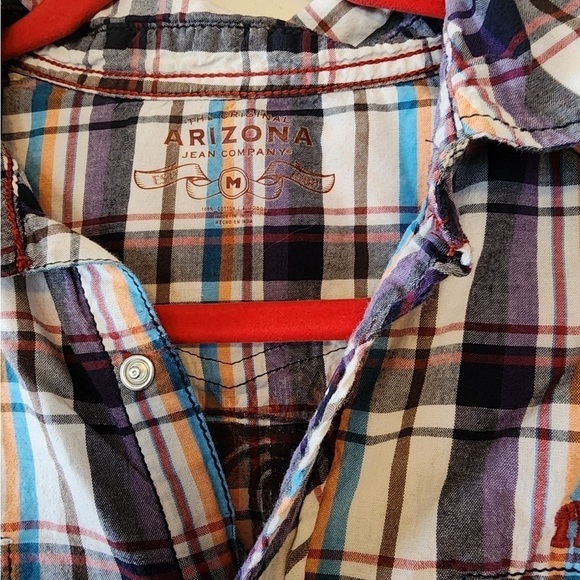 Mens Arizona snap button plaid short sleeve orange shirt size medium - Picture 2 of 6